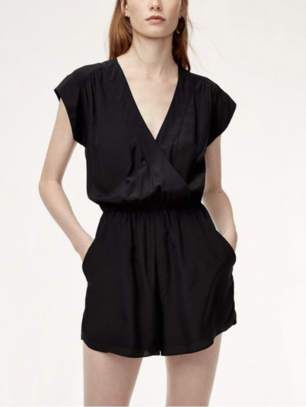Babaton Black Short Sleeve V-Neck 100% Silk Romper